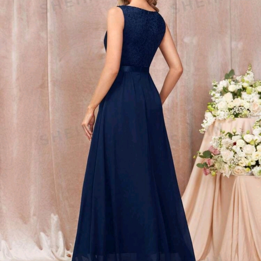 Contrast Lace Sequin Insert Waist Split Thigh Evening Party Long Dress - Picture 2 of 3